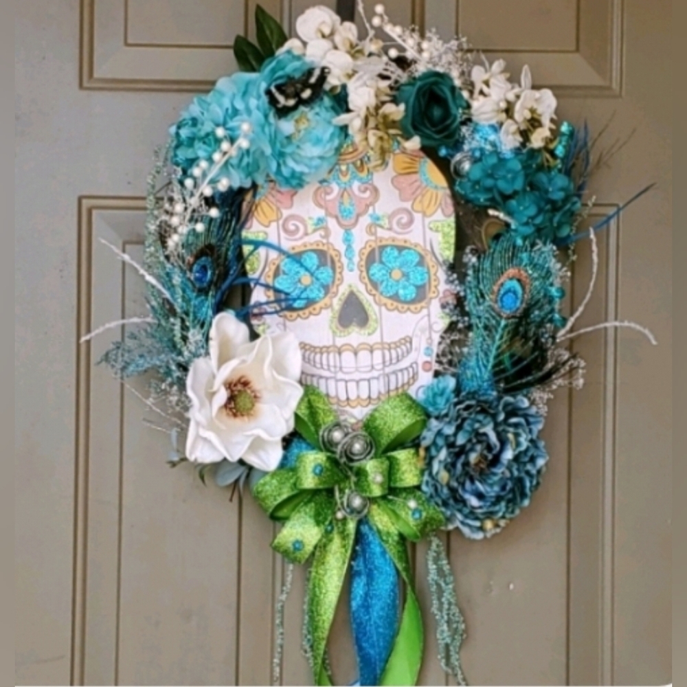 HANDMADE TURQUOISE, GREEN & WHITE SUGAR SKULL WREATH - 1 of a Kind - Picture 6 of 6